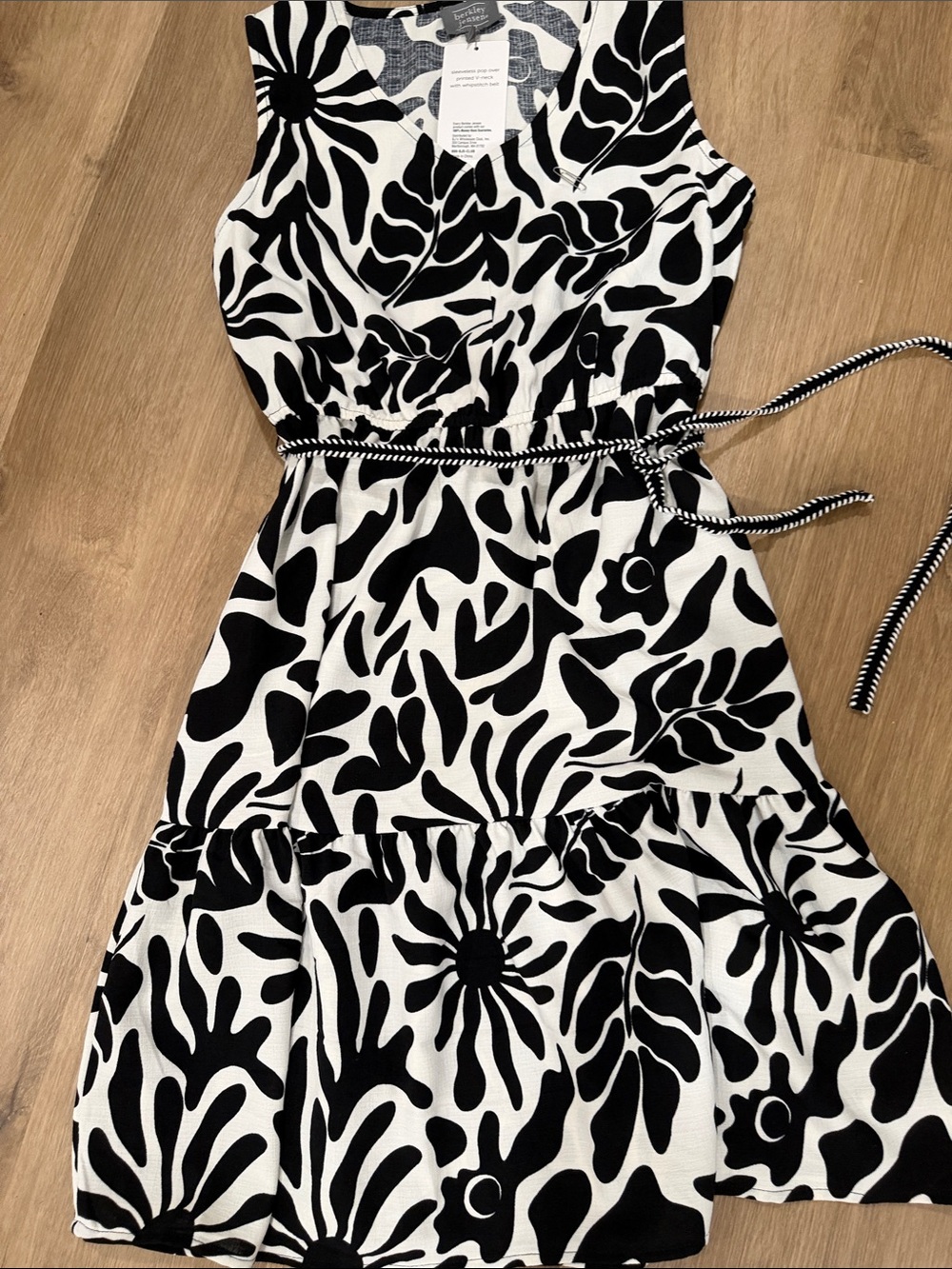 Sleeveless Black & White Floral Midi Dress with Tie Waist